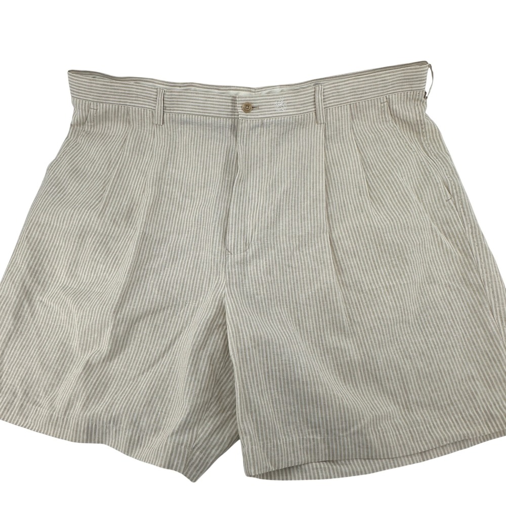 Nat Nast Shorts Mens 42 Tan White Pinstripe Pleated Relaxed Linen Cotton Modern